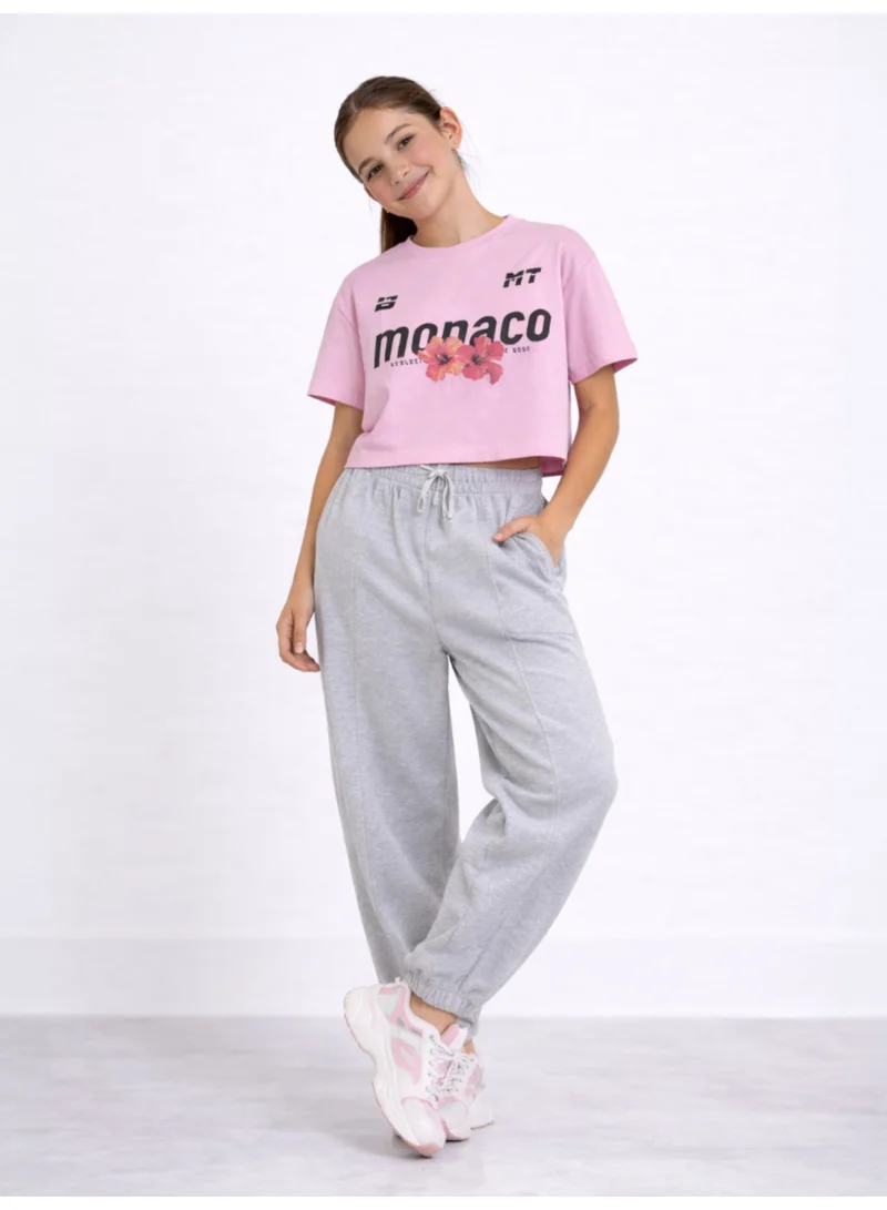 Victor And Jane  Girls 3 Pc Set Monaco Print T-Shirt & Barrel Pants Set – Pink & Grey Melange for Women | Best Price UAE